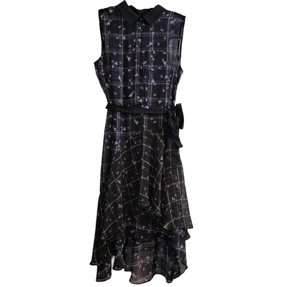 Navy Blue & Black Plaid Midi Ruffle High Low Butterfly Peter Pan Collar Size Med - Picture 2 of 13